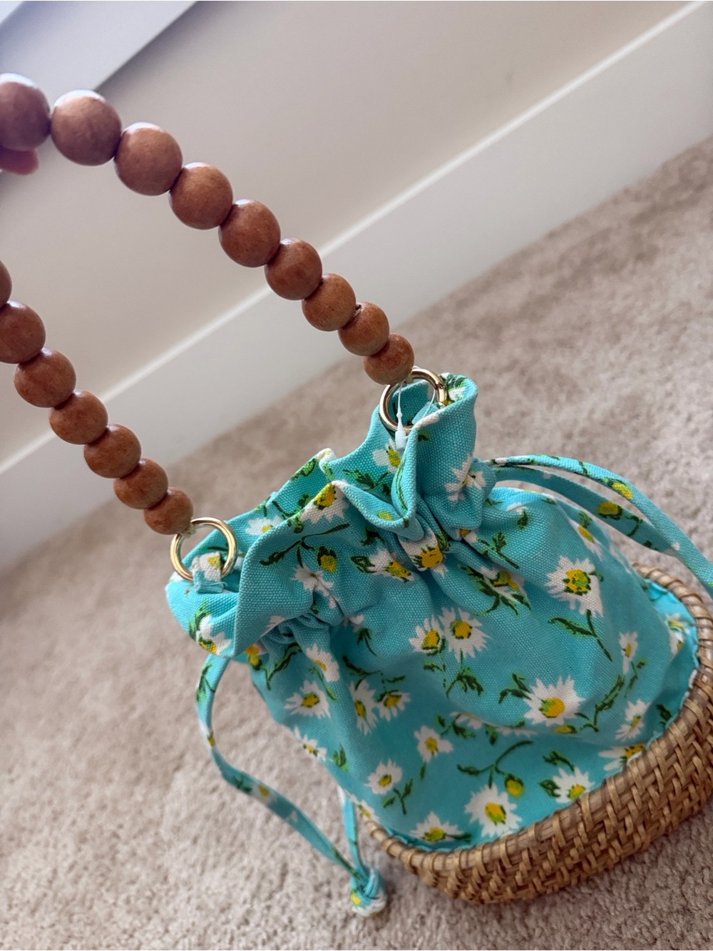 C&C California Floral Drawstring Wicker Bucket Bag with Wooden Bead Handle